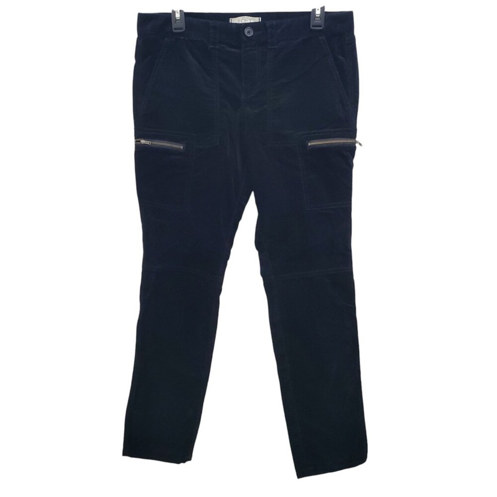 Ann‎ Taylor LOFT Black Velvet Velour Mid Rise Thigh Zip Skinny Leg Cargo Pants 8